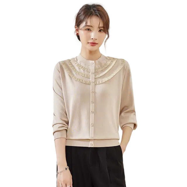 曲韩 纯色百搭花边单排扣开衫气质长袖针织衫 女款