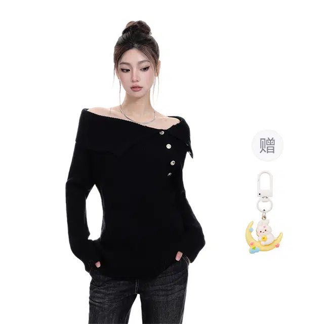 柏黛妃 修身纯色厚款舒适休闲针织衫 女款 黑色