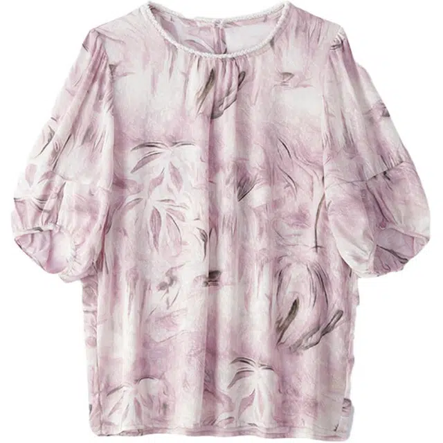 曲韩 钉珠法式印花灯笼袖五分袖圆领雪纺衫 女款