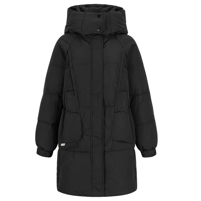 九条喵 加厚连帽收腰中长款羽绒服 女款 黑色