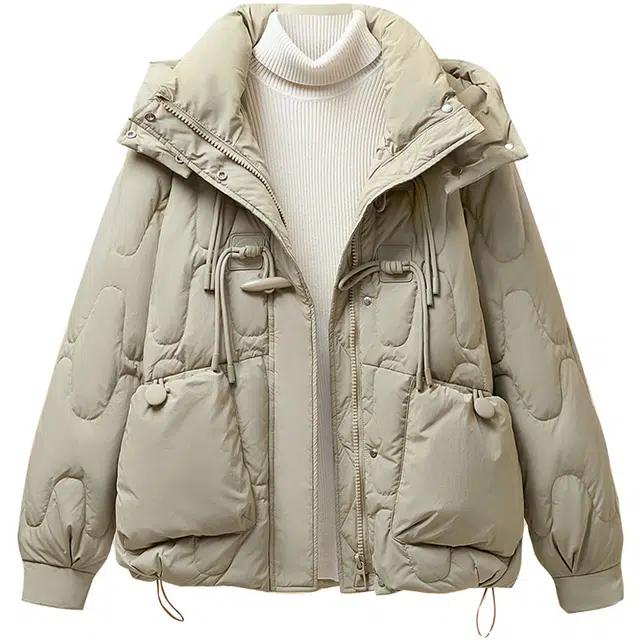 她池 连帽时尚大口袋宽松牛角扣保暖棉服 女款 灰绿色