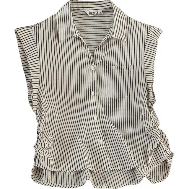 她池 条纹合身翻领无袖衬衫 女款 藏青条纹