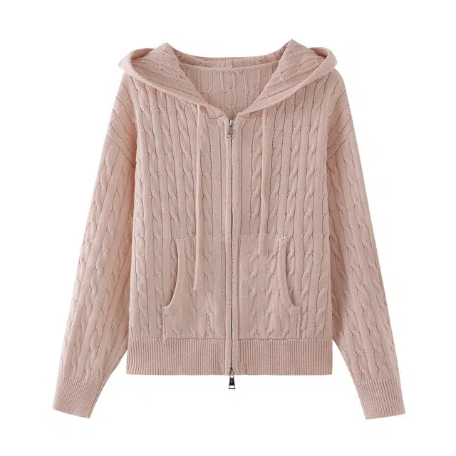 花栗鼠小姐 手作绞花开衫百搭连帽麻花坑条大口袋宽松针织衫 女款