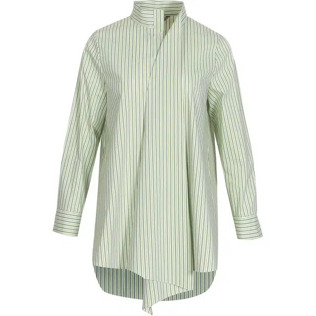 粉蓝衣橱 双色条纹廓形休闲风飘带领长袖衬衫 女款 青荷绿