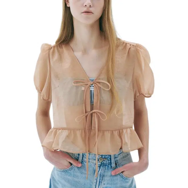 MARDI MERCREDI SS25 SHEER RIBBON BLOUSE HALF SLEEVE_BEIGE