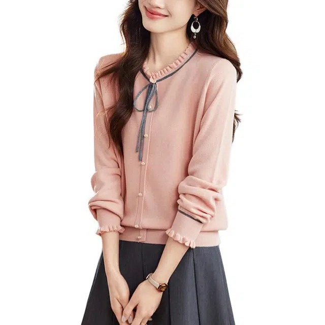 曲韩 时尚气质漂亮拼色系带圆领长袖针织衫 女款