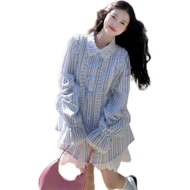 沐晓欣 韩系甜美减龄重工花边木耳边蝴蝶结宽松长袖衬衫 女款 蓝色衬衫