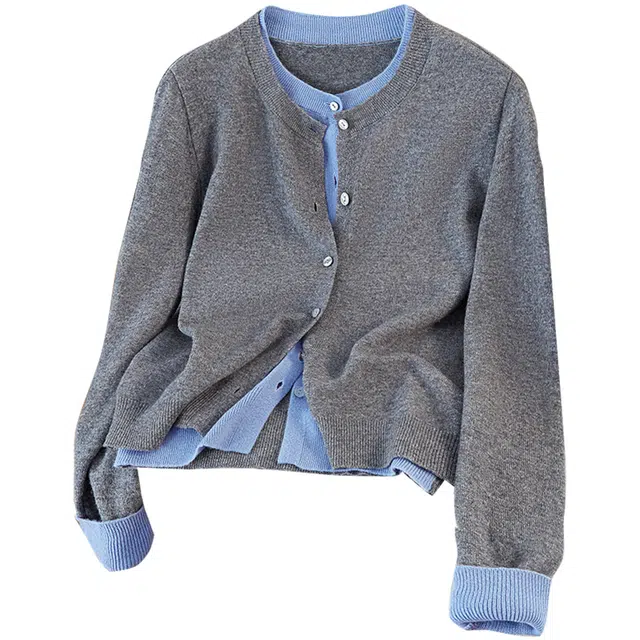 她池 简约圆领拼接撞色短款上衣假两件针织衫 女款 灰色