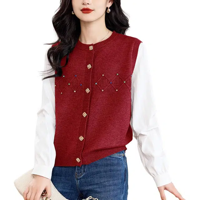 曲韩 圆领烫钻拼接开衫外套设计感假两件长袖春秋针织衫 女款