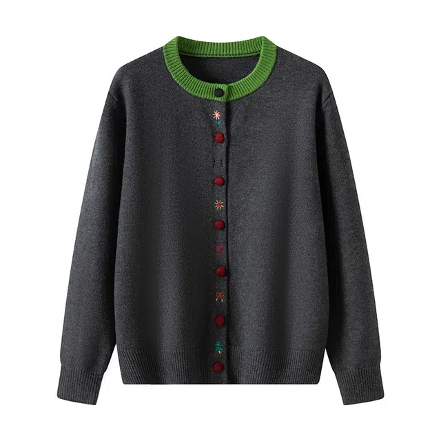 曲韩 圆领撞色刺绣短款开衫外套设计感减龄长袖春秋针织衫 女款