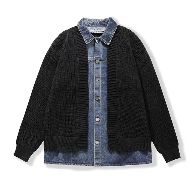 曲韩 牛仔拼接假两件宽松休闲百搭外套夹克 男女同款