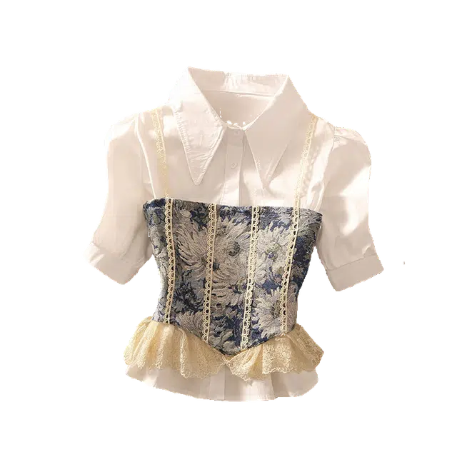 怪力萝莉 法式复古油画风碎花吊带背心内搭外穿蕾丝拼接修身别致上衣短袖衬衫 女款