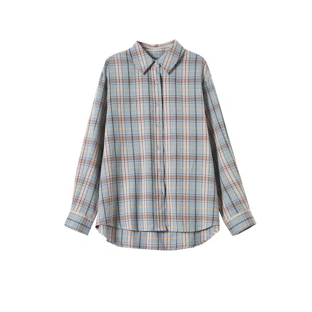 潞优野 春复古港风美拉蓝格子舒适经典长袖衬衫 女款 雾蓝