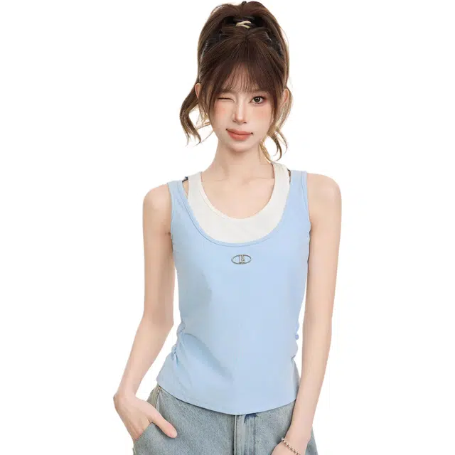 怪力萝莉 辣妹假两件修身设计感遮副乳内搭吊带 女款 蓝色