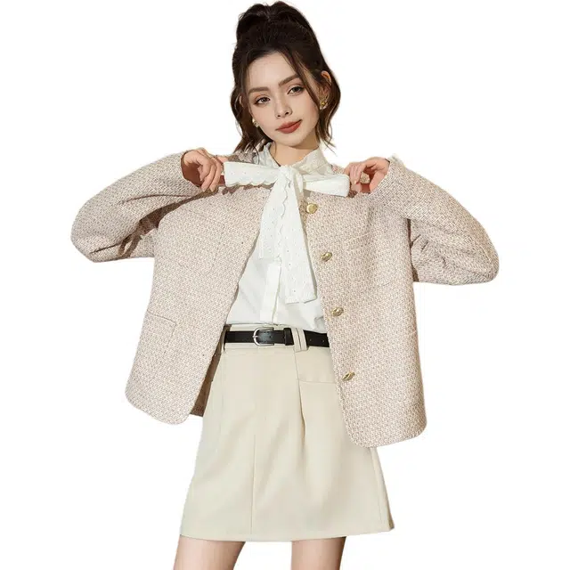 法文箱子 小香风圆领单排扣长袖夹克外套 女款