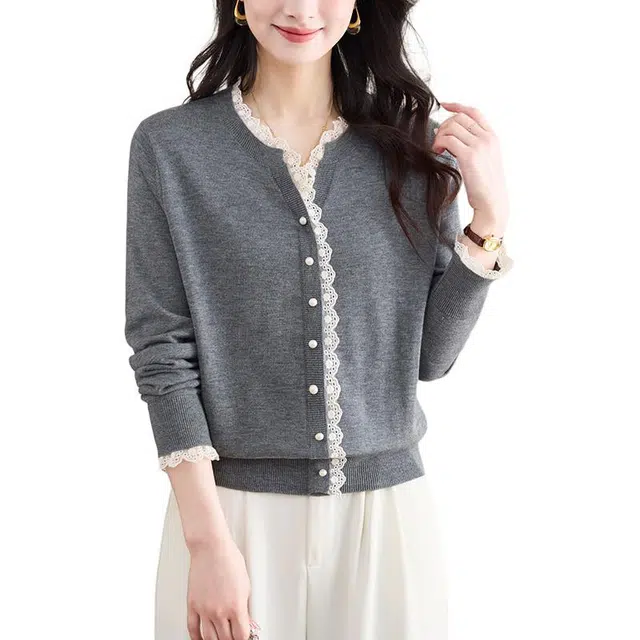 曲韩 半开领蕾丝边短款开衫外套气质温柔长袖春秋针织衫 女款