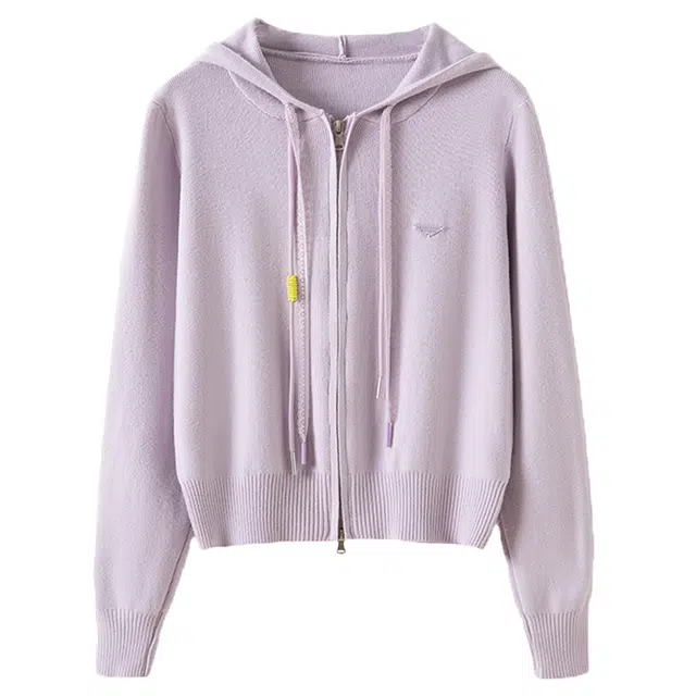 曲韩 时尚漂亮薄款小个子连帽短外套女宽松针织衫 女款