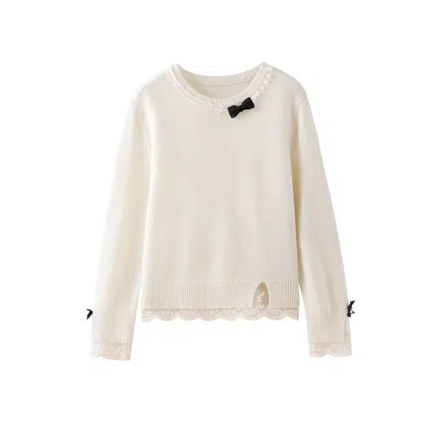 花栗鼠小姐 香香恋人 甜美蕾丝蝴蝶结钉珠拼羊毛打底衫女秋冬内搭针织衫 女款
