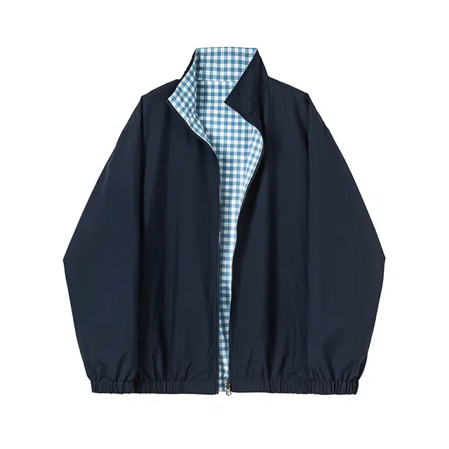木清清 复古格子立领双面穿美式潮牌学院风宽松夹克外套 女款