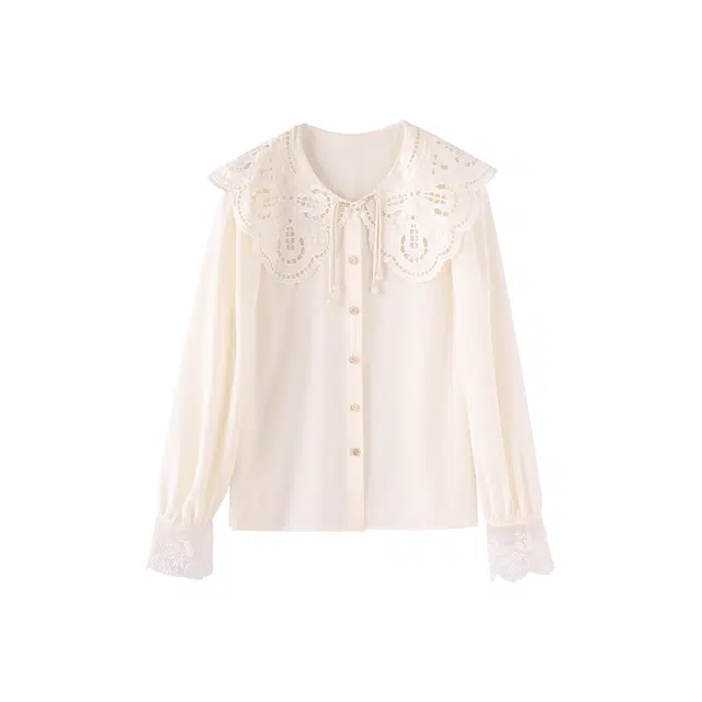 花栗鼠小姐 繁花幻想系列 中式国风重工镂空刺绣设计感大翻领手工盘扣正肩显瘦衬衫 女款 铃兰物语