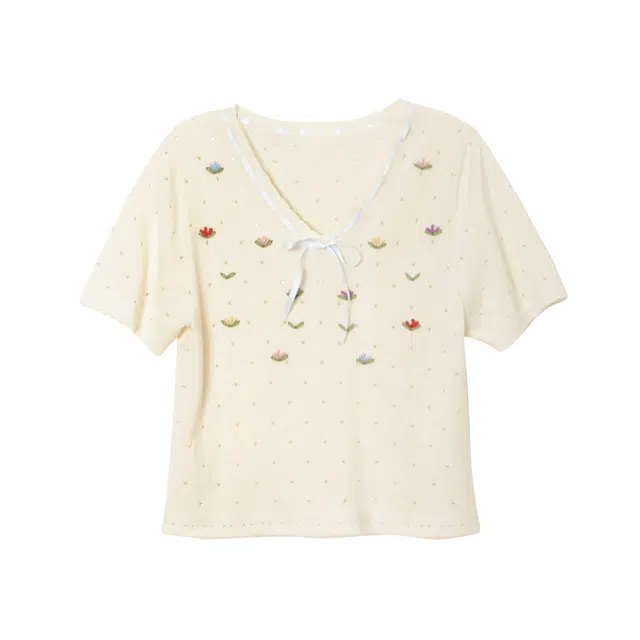 花栗鼠小姐 爱丁堡童话多巴胺简约短袖针织衫 女款 钩花米