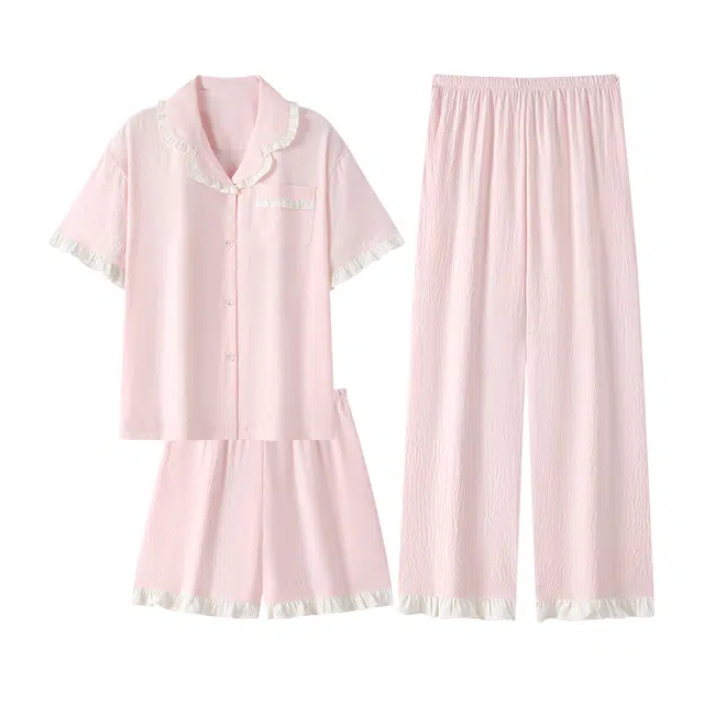 顶瓜瓜 甜美可爱翻领纯色短袖上衣休闲舒适短裤家居服长裤睡衣套装 女款