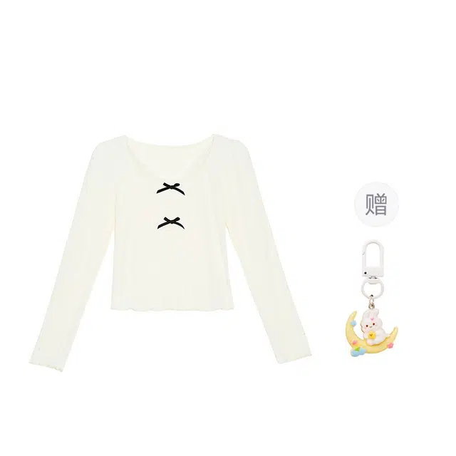 柏黛妃 方领蕾丝打底衫内搭蝴蝶结长袖上衣针织衫 女款 白色+赠品