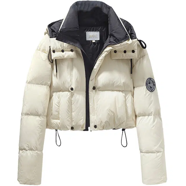 丝柏舍  小个子短款宽松保暖连帽休闲长袖  含羽绒外套  女款  米白色