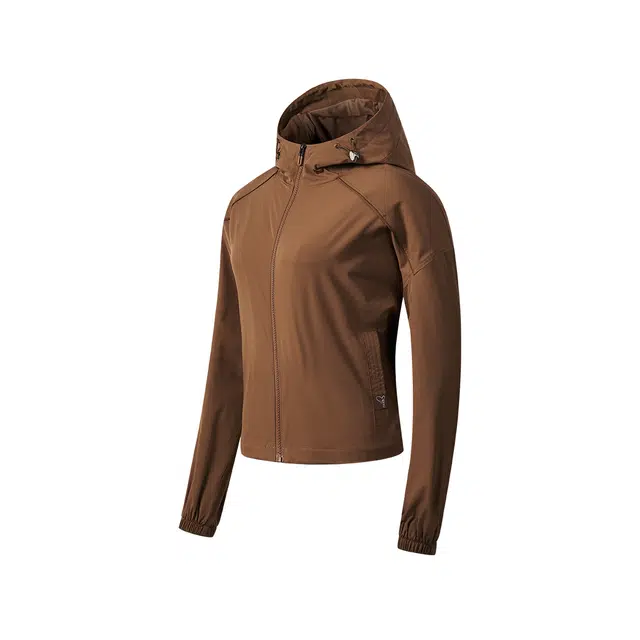 鸿星尔克 综训系列 防泼水防风加厚保暖轻盈透气耐磨短款连帽外套夹克 女款 岩沙棕