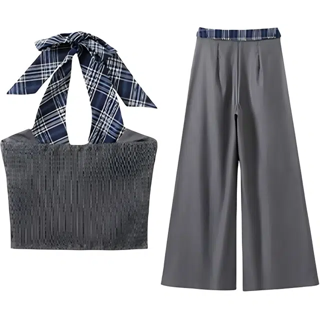 小菊川栗 学院风时尚潮流格子小众拼接挂脖背心通勤阔腿裤休闲套装 女款