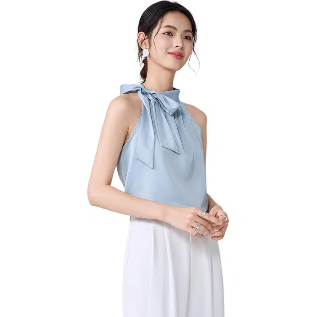 爱依莲 时尚小众蝴蝶结挖肩背心女气质显瘦花衬衣无袖衬衫 修身 女款 冰川蓝