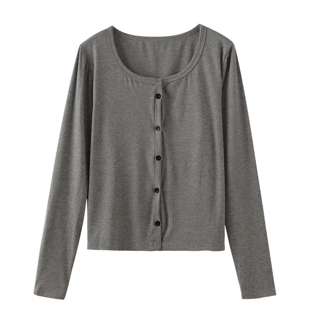 花栗鼠小姐 温柔风百搭纯色圆领减龄单排扣开衫宽遮肉显瘦打底长袖针织衫 女款 灰色