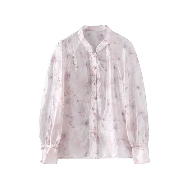 花栗鼠小姐 烟雨朦朦 新中式国风水墨印花优雅小立领精美飘带装饰灯笼袖显瘦衬衫 女款