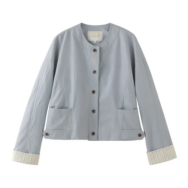 花栗鼠小姐 复古胶片 休闲百搭通勤条纹拼接柔软蛋白皮外套夹克 女款