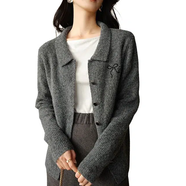 晚白 羊毛翻领高弹力不扎肤含羊毛针织衫 女款 灰色