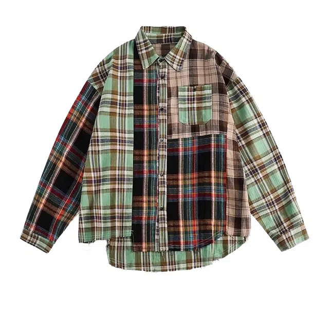 桴生 复古格子拼接女秋季慵懒风宽松撞色不规则上衣潮长袖衬衫 女款 拼色