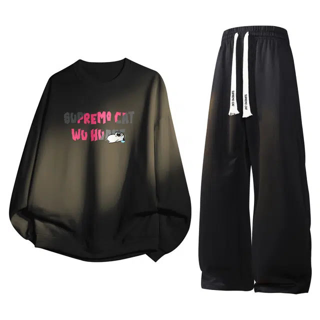 吾皇猫 学院风美式复古基础款简约百搭字母印花时尚圆领套头卫衣长袖长裤宽松休闲运动套装 男女同款