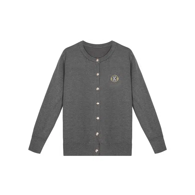 麓蔓蒂 格雷系灰色简约字母刺绣圆领纽扣开衫毛衣小衫外套休闲百搭基础款长袖针织衫 女款