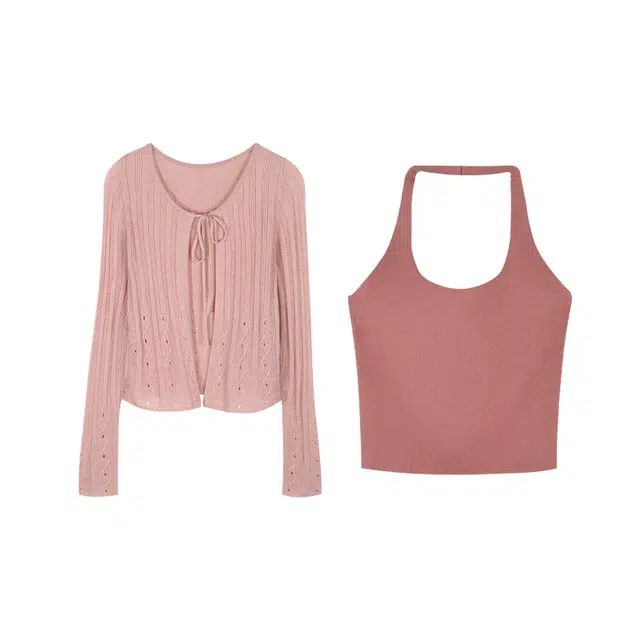 谜秀 设计感温柔优雅风羊毛混纺开衫+挂脖内搭套装肌理显瘦针织衫两件套 女款 海棠粉