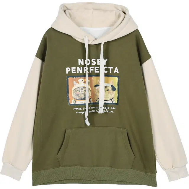 她池 卡通印花宽松抽绳连帽套头长袖卫衣 女款 芥绿拼米色