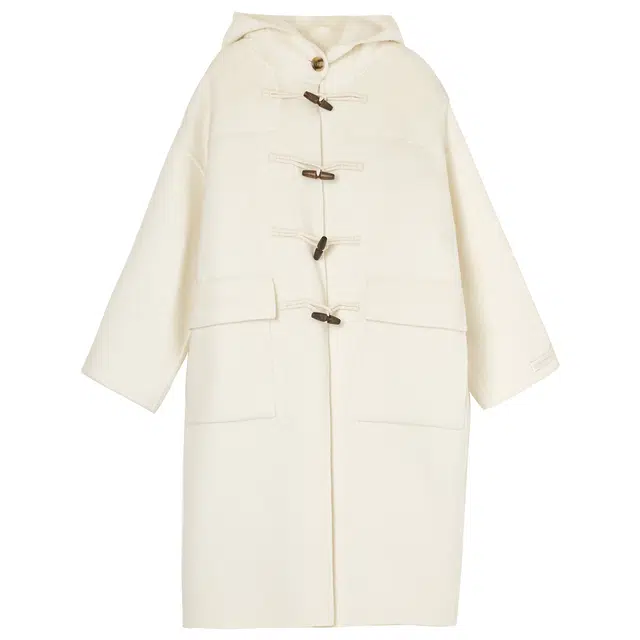 法儿家 纯色牛角扣双面毛呢连帽大衣 女款 白色