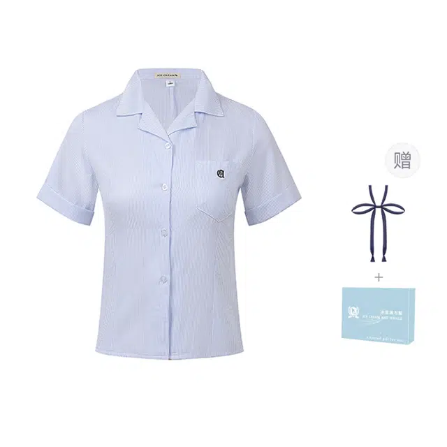 冰淇淋与鲸 夏季 学院风甜美收腰显瘦高级感衬衣开襟蓝色条纹短袖衬衫 女款
