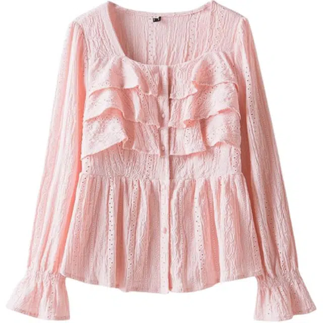 云妃秀 宽松韩版方领长袖衬衫 女款 粉色