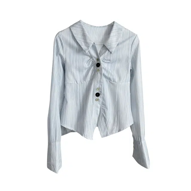 敲模女孩 法式慵懒风喇叭袖设计感捏褶收腰翻领长袖衬衫 女款 蓝色