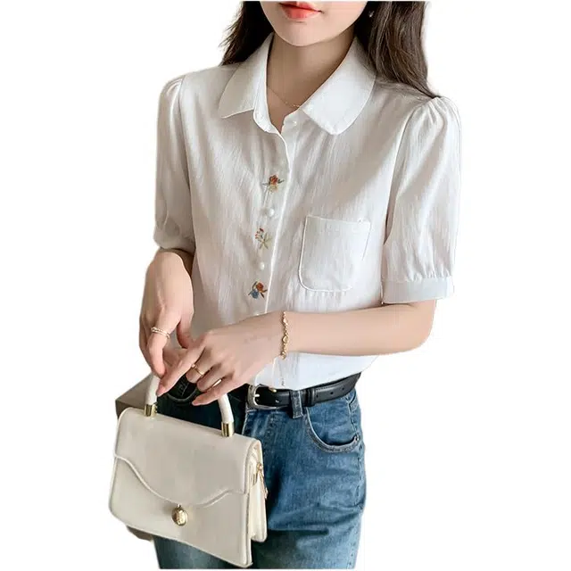 沐晓欣 田园文艺绣花短袖娃娃领百搭衬衣上衣衬衫 女款