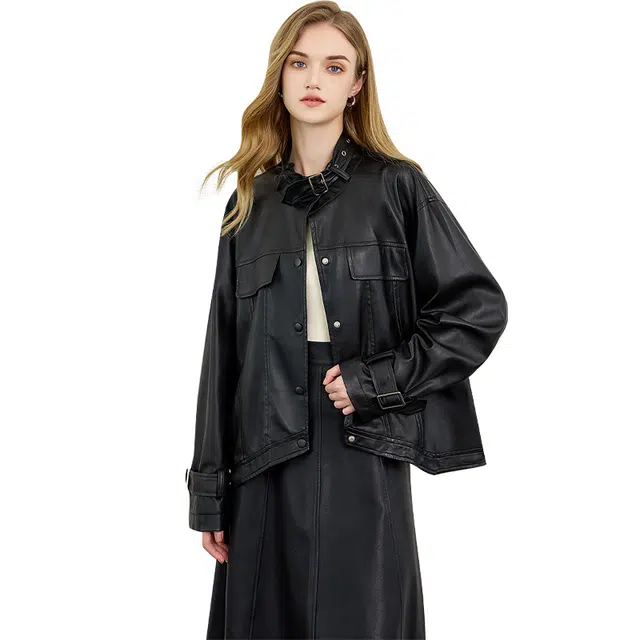 她池 纯色立领不规则宽松机车夹克外套 女 黑色