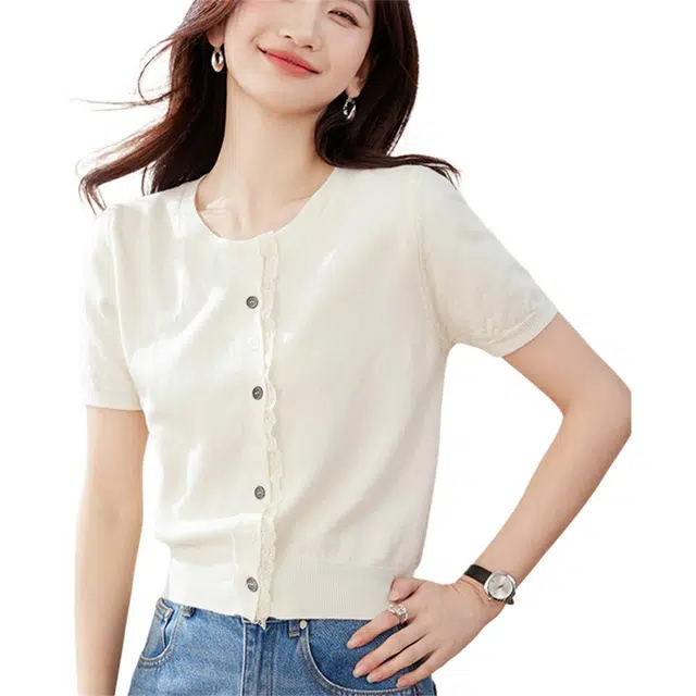 思蓓儿 外搭短款蕾丝花边开衫甜美小外套女短袖针织衫 女款