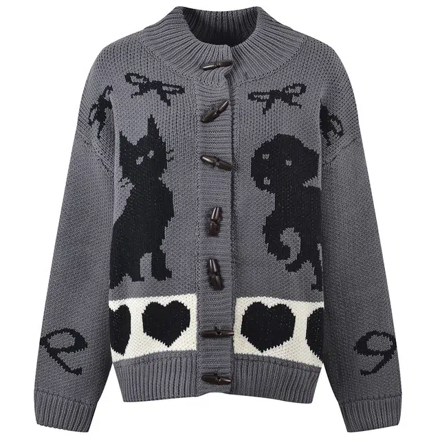 涂诗菲 韩版长袖休闲宽松牛角扣毛衣外套针织开衫 女款