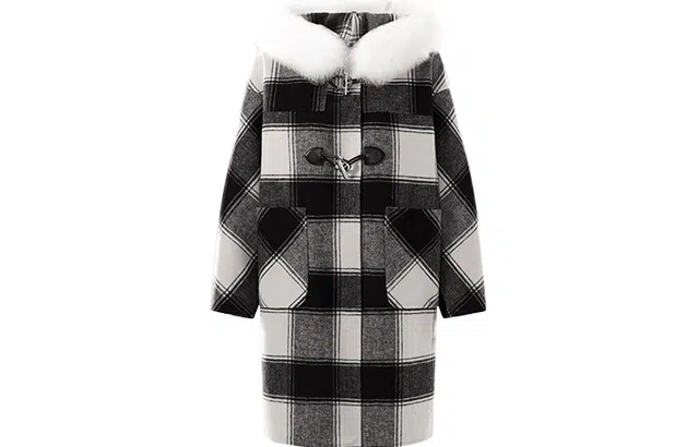 太平鸟女装 连帽毛领牛角扣格纹双面呢长袖大衣 女款 黑白格纹