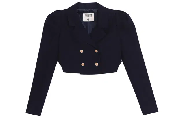 森女部落 泡泡袖双排扣短款西装 女款 藏蓝色